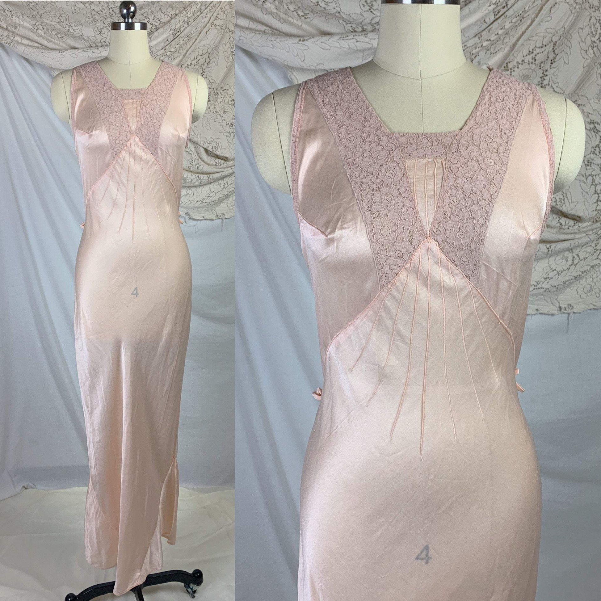 Vintage 1930's Nightgown | Palest Petal Pinkish Peach Silk with Darted Bust & Lace | Size MED - Daggers & Dames