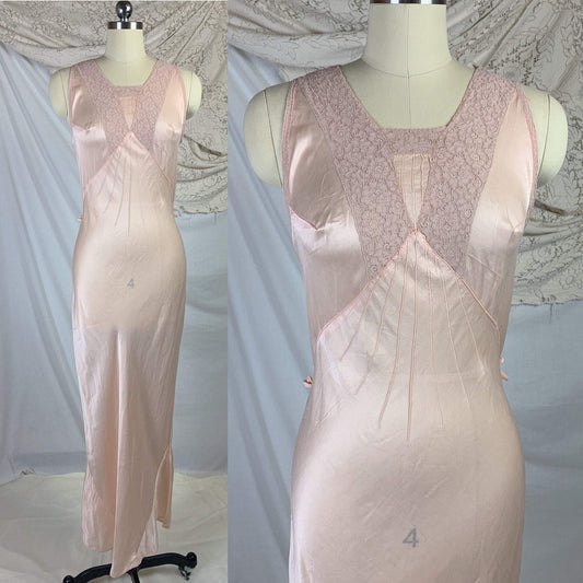 Vintage 1930's Nightgown | Palest Petal Pinkish Peach Silk with Darted Bust & Lace | Size MED - Daggers & Dames