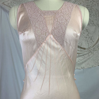 Vintage 1930's Nightgown | Palest Petal Pinkish Peach Silk with Darted Bust & Lace | Size MED - Daggers & Dames