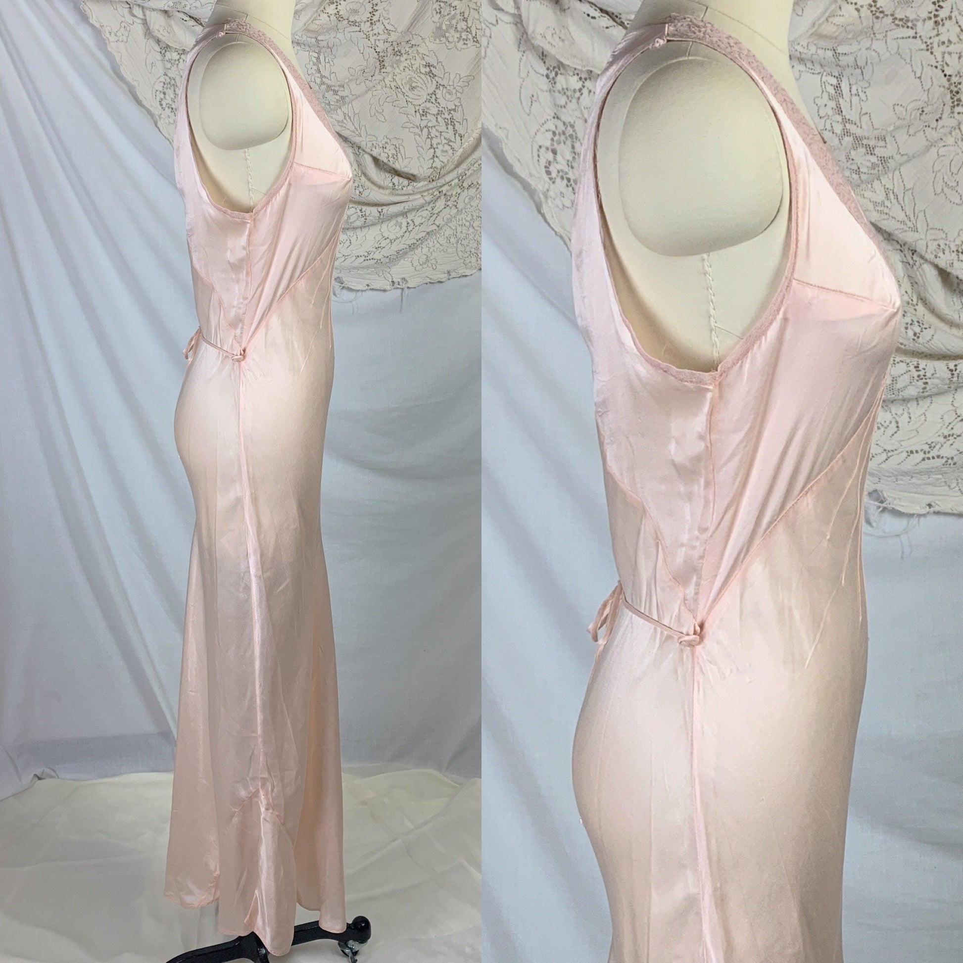 Vintage 1930's Nightgown | Palest Petal Pinkish Peach Silk with Darted Bust & Lace | Size MED - Daggers & Dames