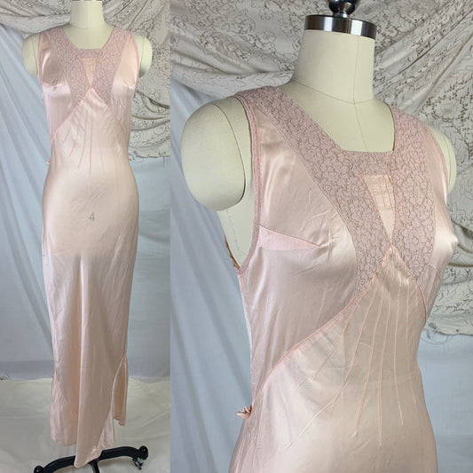Vintage 1930's Nightgown | Palest Petal Pinkish Peach Silk with Darted Bust & Lace | Size MED - Daggers & Dames