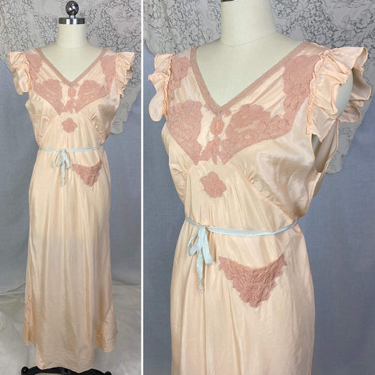 Vintage 1930's Nightgown | Peachy Pink Silk with Blush Lace | Size M, LG - Daggers & Dames