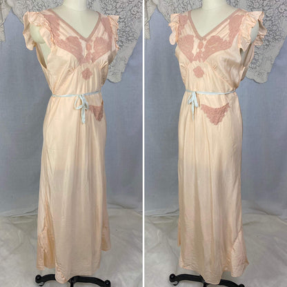 Vintage 1930's Nightgown | Peachy Pink Silk with Blush Lace | Size M, LG - Daggers & Dames