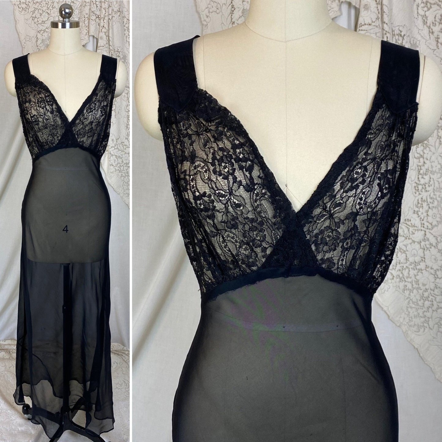 Vintage 1930's Nightgown & Peignoir Robe Set | Sheer Black Rayon Chiffon with Chantilly Lace | Size S, M - Daggers & Dames