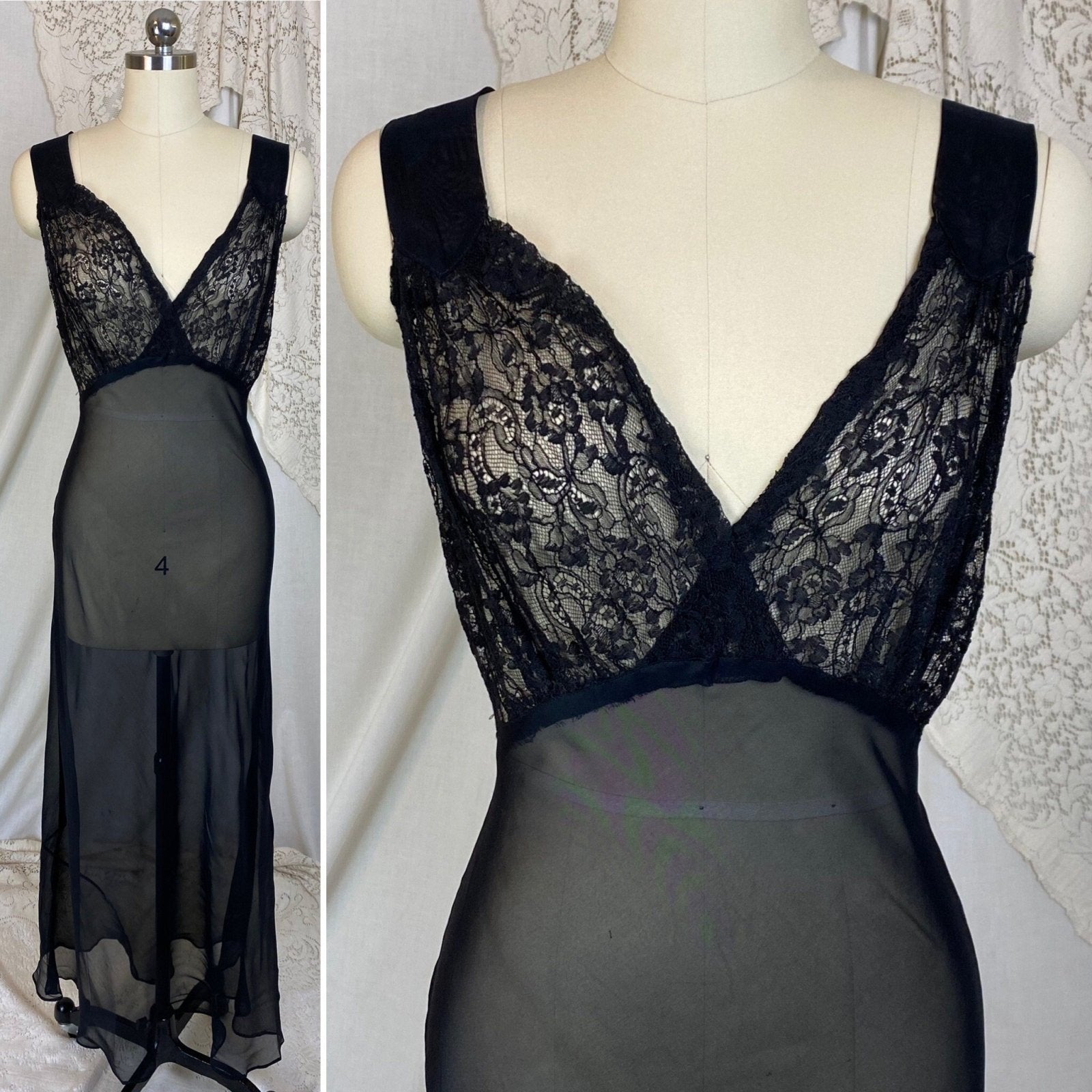 Vintage 1930's Nightgown & Peignoir Robe Set | Sheer Black Rayon Chiffon with Chantilly Lace | Size S, M - Daggers & Dames