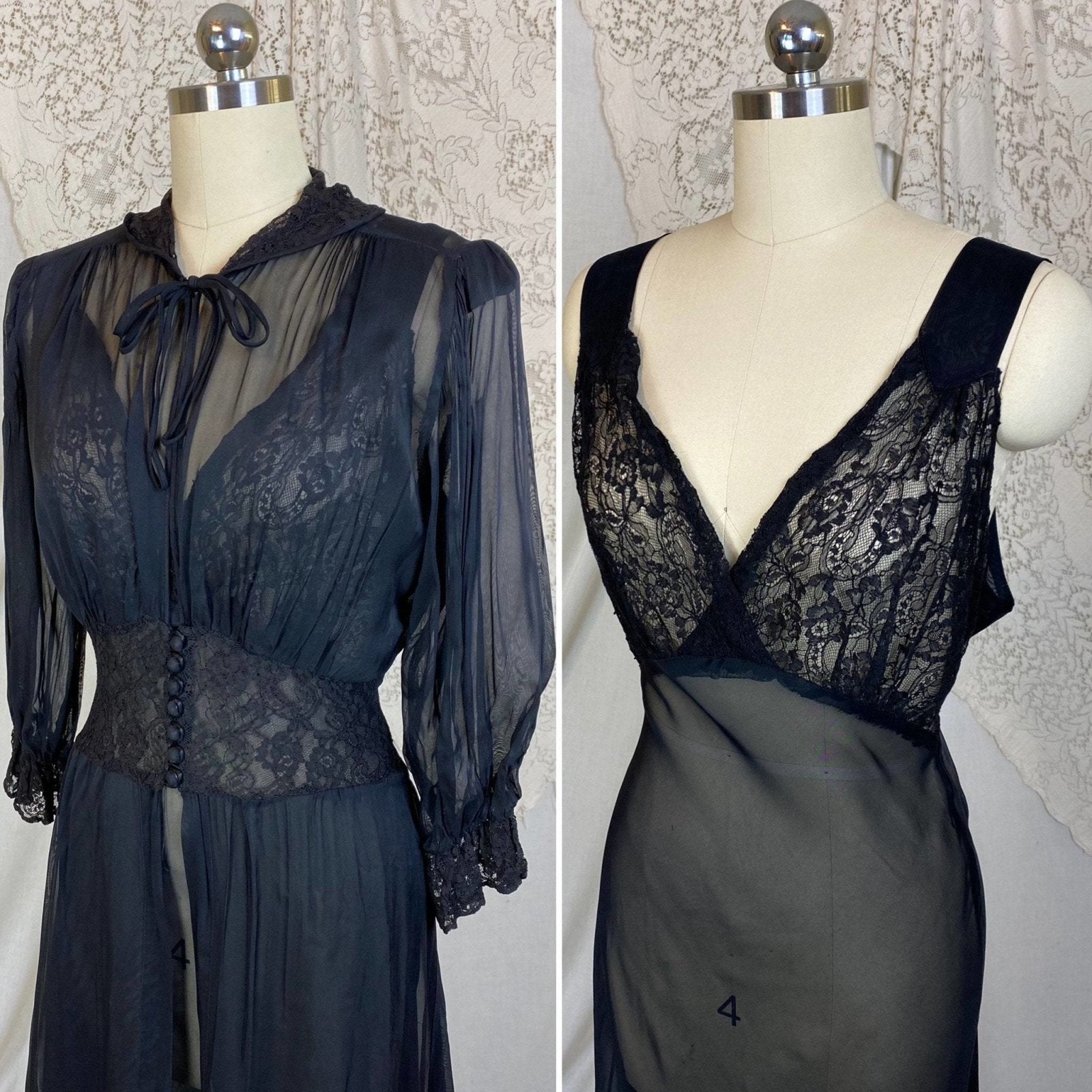 Vintage 1930's Nightgown & Peignoir Robe Set | Sheer Black Rayon Chiffon with Chantilly Lace | Size S, M - Daggers & Dames