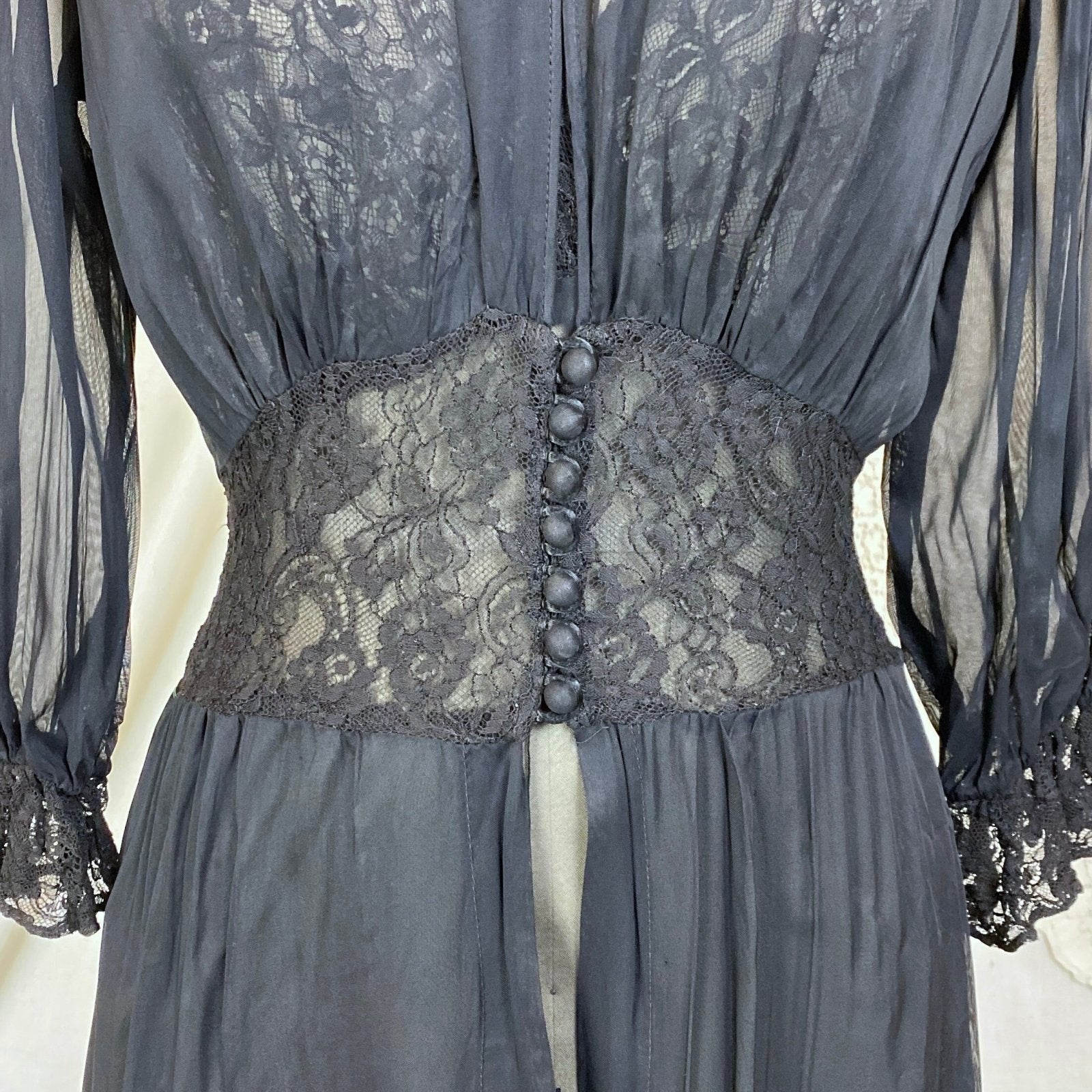 Vintage 1930's Nightgown & Peignoir Robe Set | Sheer Black Rayon Chiffon with Chantilly Lace | Size S, M - Daggers & Dames