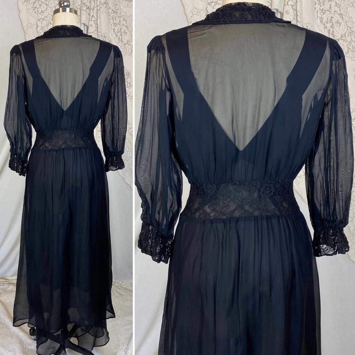 Vintage 1930's Nightgown & Peignoir Robe Set | Sheer Black Rayon Chiffon with Chantilly Lace | Size S, M - Daggers & Dames