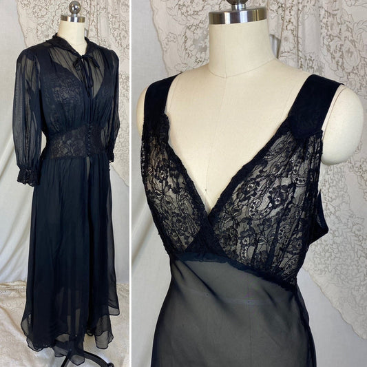 Vintage 1930's Nightgown & Peignoir Robe Set | Sheer Black Rayon Chiffon with Chantilly Lace | Size S, M - Daggers & Dames