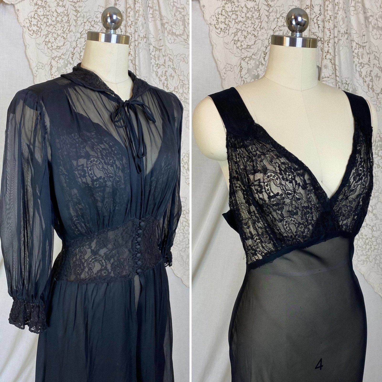 Vintage 1930's Nightgown & Peignoir Robe Set | Sheer Black Rayon Chiffon with Chantilly Lace | Size S, M - Daggers & Dames