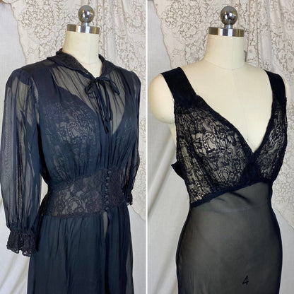 Vintage 1930's Nightgown & Peignoir Robe Set | Sheer Black Rayon Chiffon with Chantilly Lace | Size S, M - Daggers & Dames
