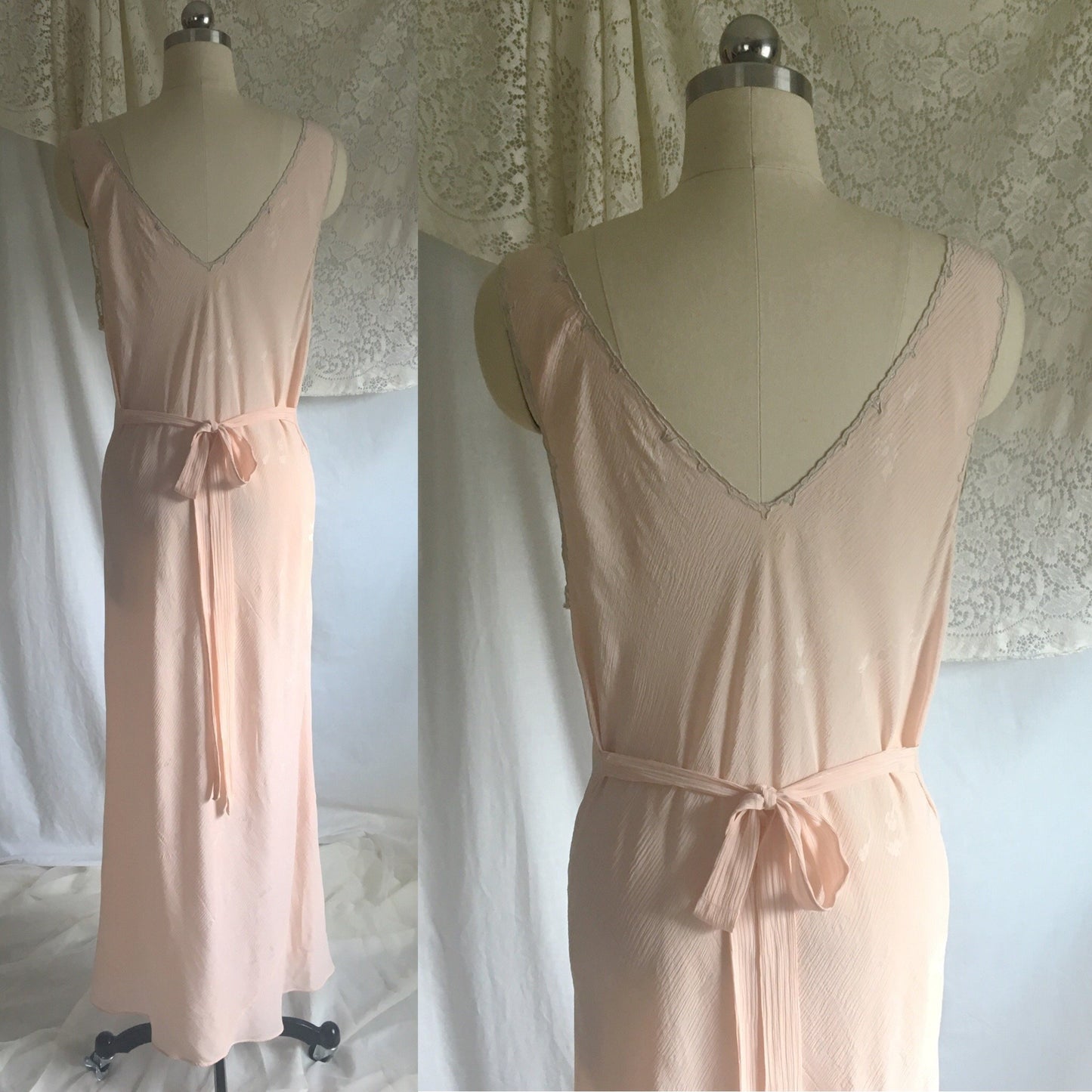 Vintage 1930's Nightgown | Powder Pink Silk Crepe Damask with Embroidered Tulle | Size Free - Daggers & Dames