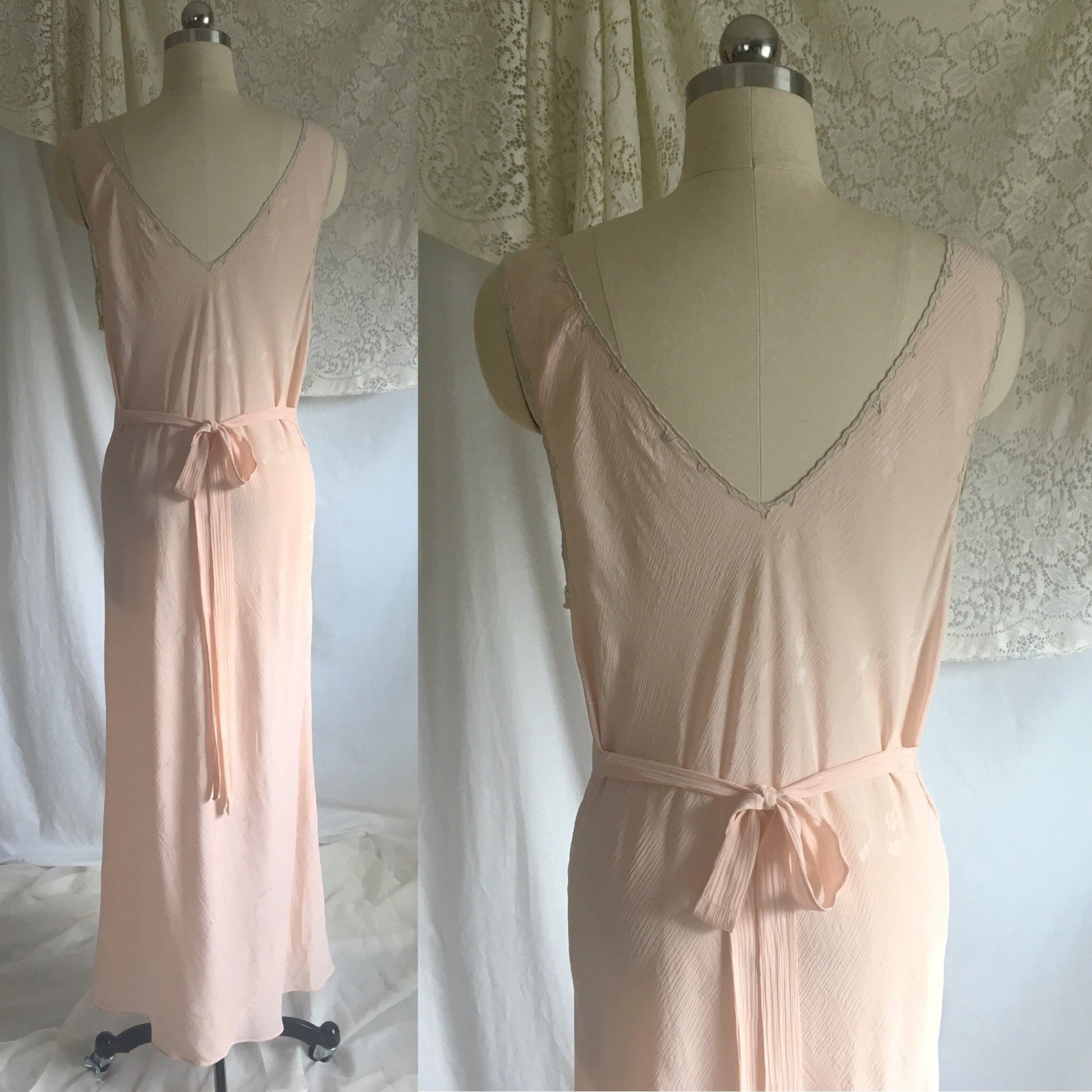 Vintage 1930's Nightgown | Powder Pink Silk Crepe Damask with Embroidered Tulle | Size Free - Daggers & Dames
