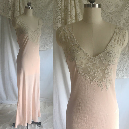 Vintage 1930's Nightgown | Powder Pink Silk Crepe Damask with Embroidered Tulle | Size Free - Daggers & Dames