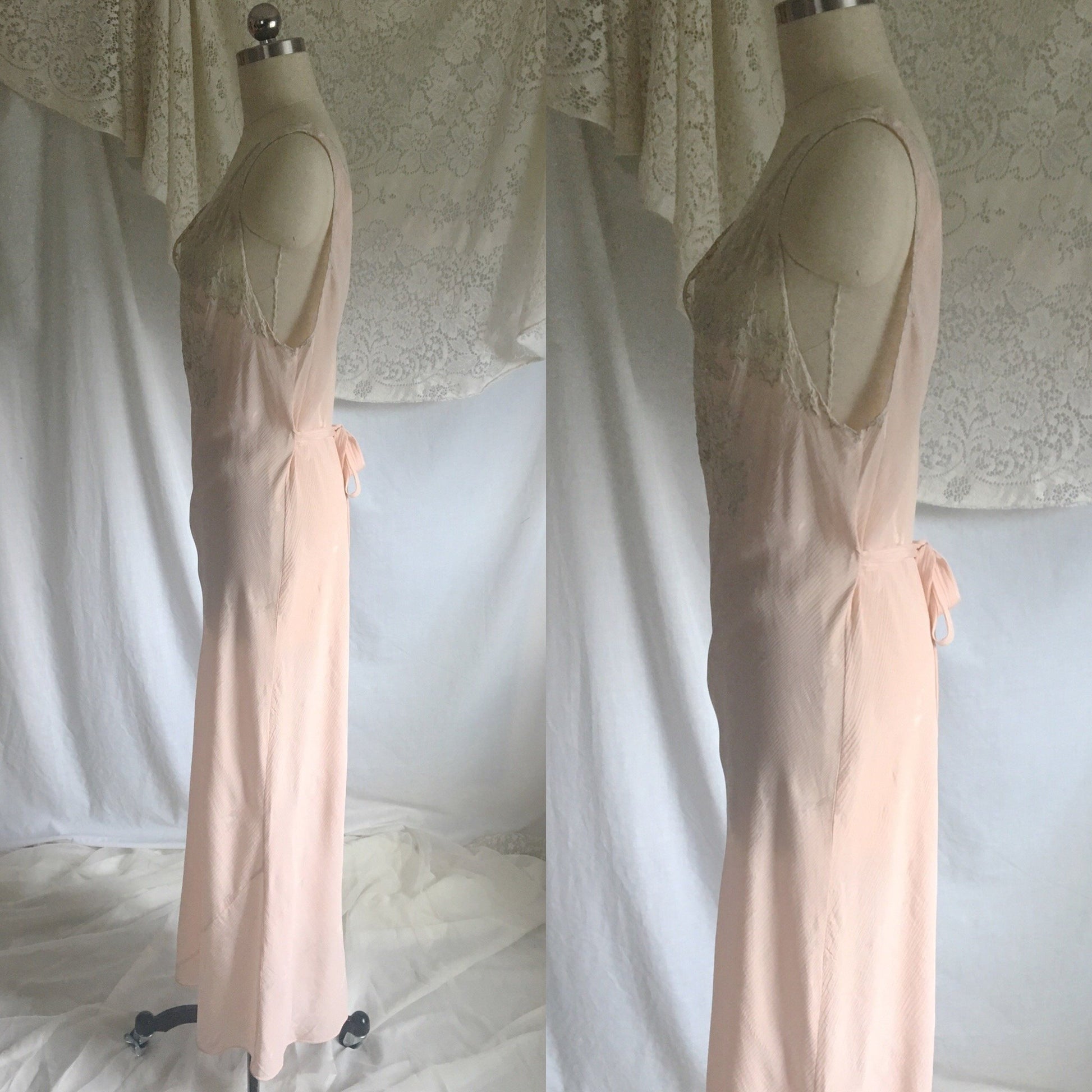 Vintage 1930's Nightgown | Powder Pink Silk Crepe Damask with Embroidered Tulle | Size Free - Daggers & Dames