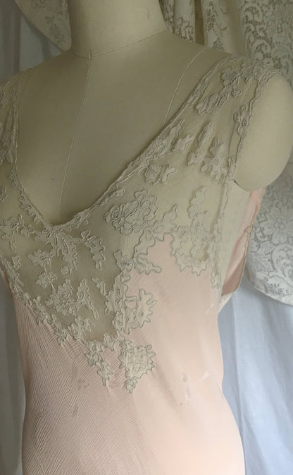 Vintage 1930's Nightgown | Powder Pink Silk Crepe Damask with Embroidered Tulle | Size Free - Daggers & Dames