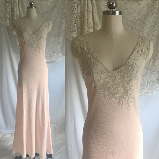 Vintage 1930's Nightgown | Powder Pink Silk Crepe Damask with Embroidered Tulle | Size Free - Daggers & Dames