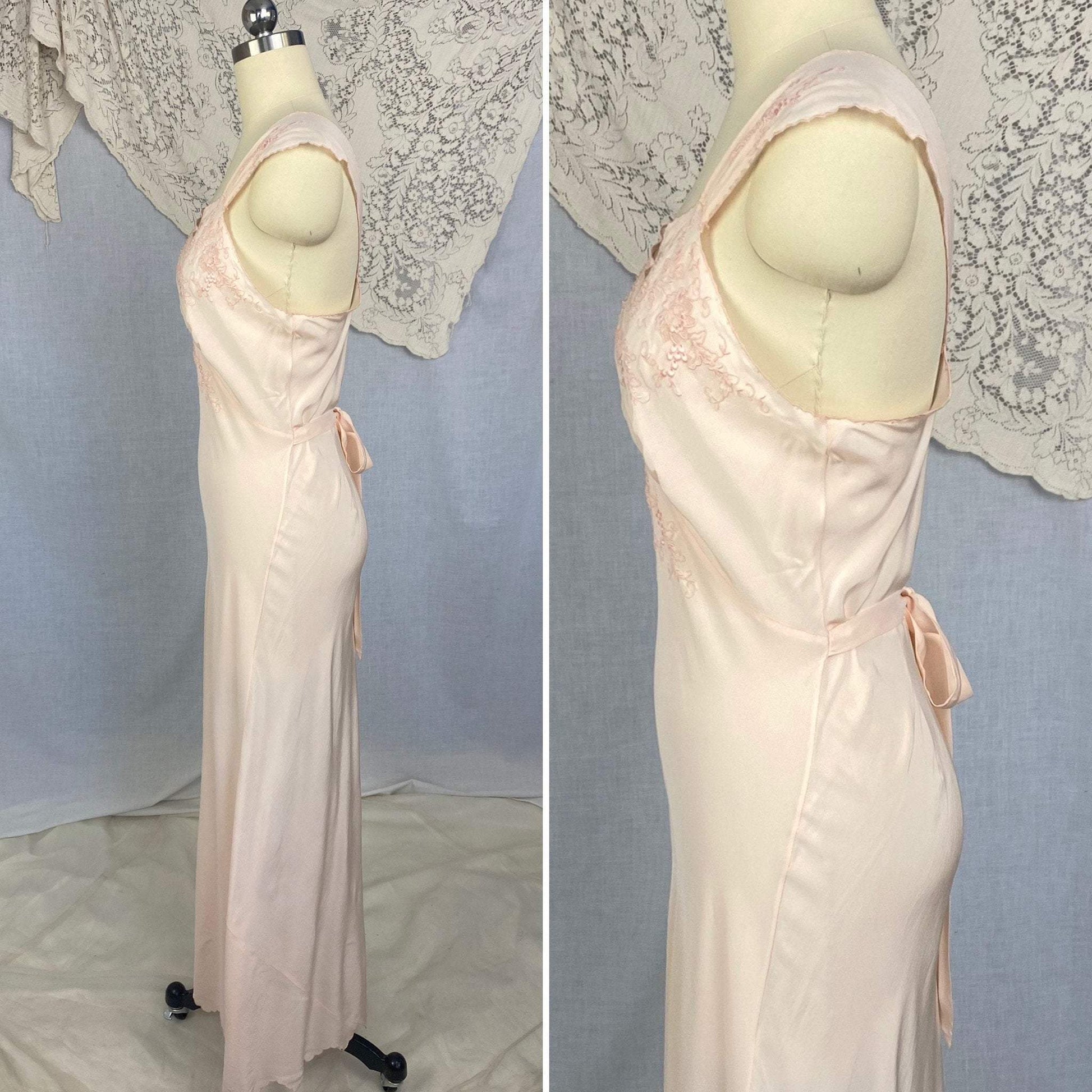 Vintage 1930's Nightgown | Powder Pink Silk with Heavy Embroidery & Scalloped Hem | Size M, LG - Daggers & Dames