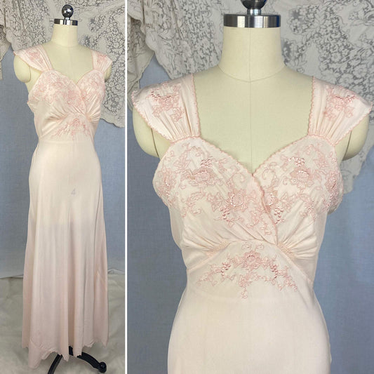 Vintage 1930's Nightgown | Powder Pink Silk with Heavy Embroidery & Scalloped Hem | Size M, LG - Daggers & Dames