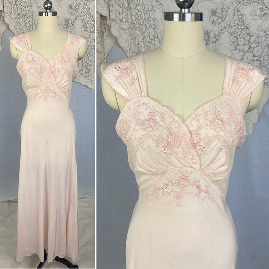 Vintage 1930's Nightgown | Powder Pink Silk with Heavy Embroidery & Scalloped Hem | Size M, LG - Daggers & Dames