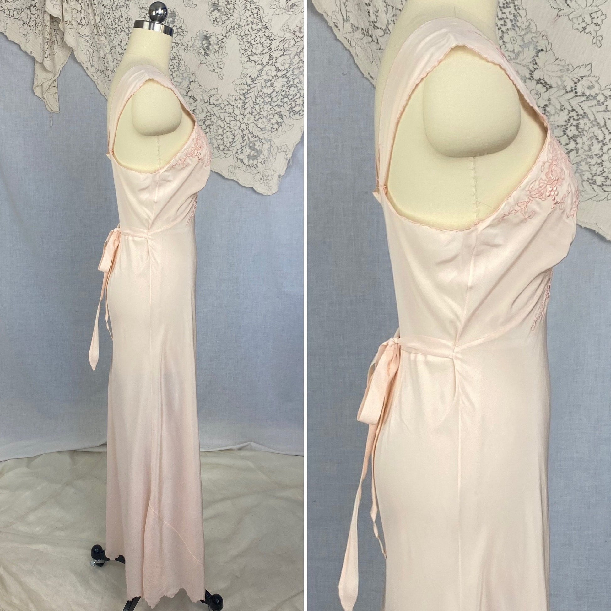 Vintage 1930's Nightgown | Powder Pink Silk with Heavy Embroidery & Scalloped Hem | Size M, LG - Daggers & Dames