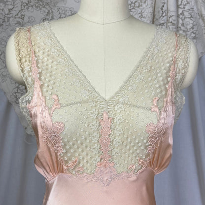 Vintage 1930's Nightgown | Rich Blush Pink Silk with Floral Chantilly Lace & Embroidery | Size XS, S | Marshall Field's and Company - Daggers & Dames