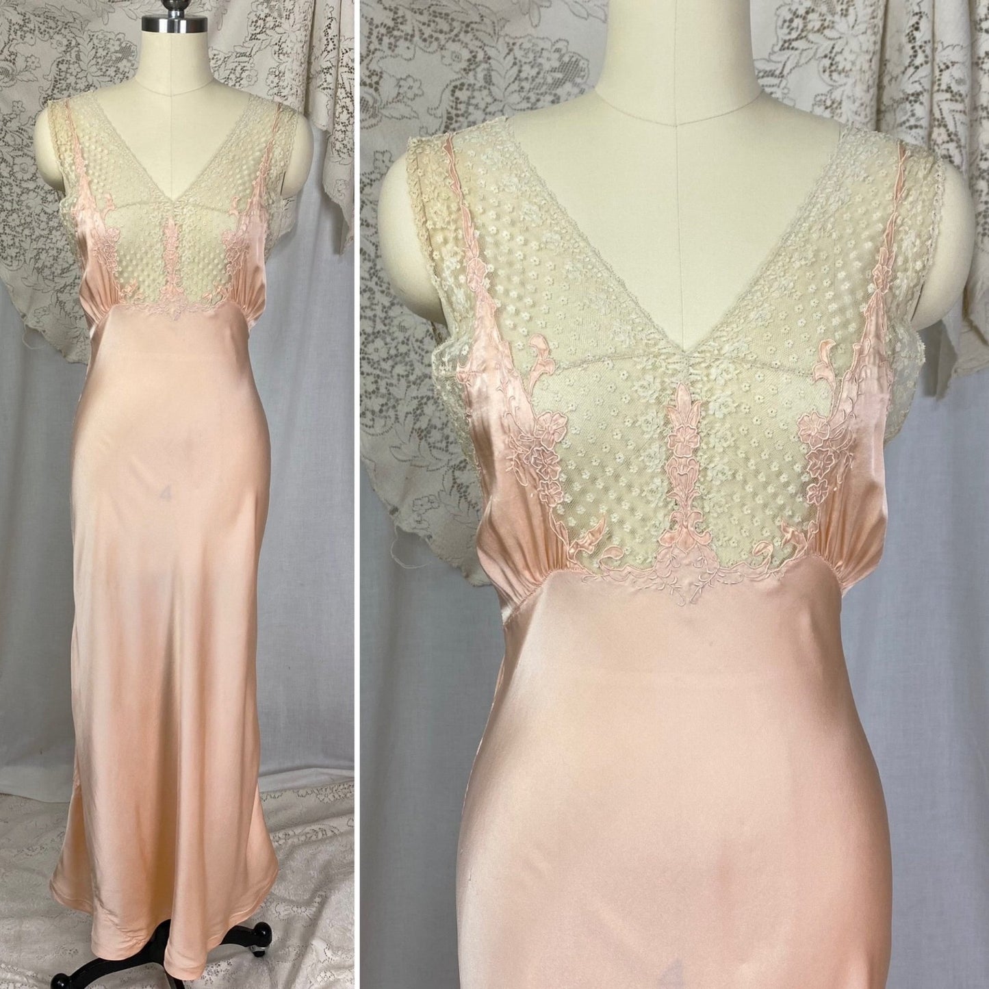 Vintage 1930's Nightgown | Rich Blush Pink Silk with Floral Chantilly Lace & Embroidery | Size XS, S | Marshall Field's and Company - Daggers & Dames