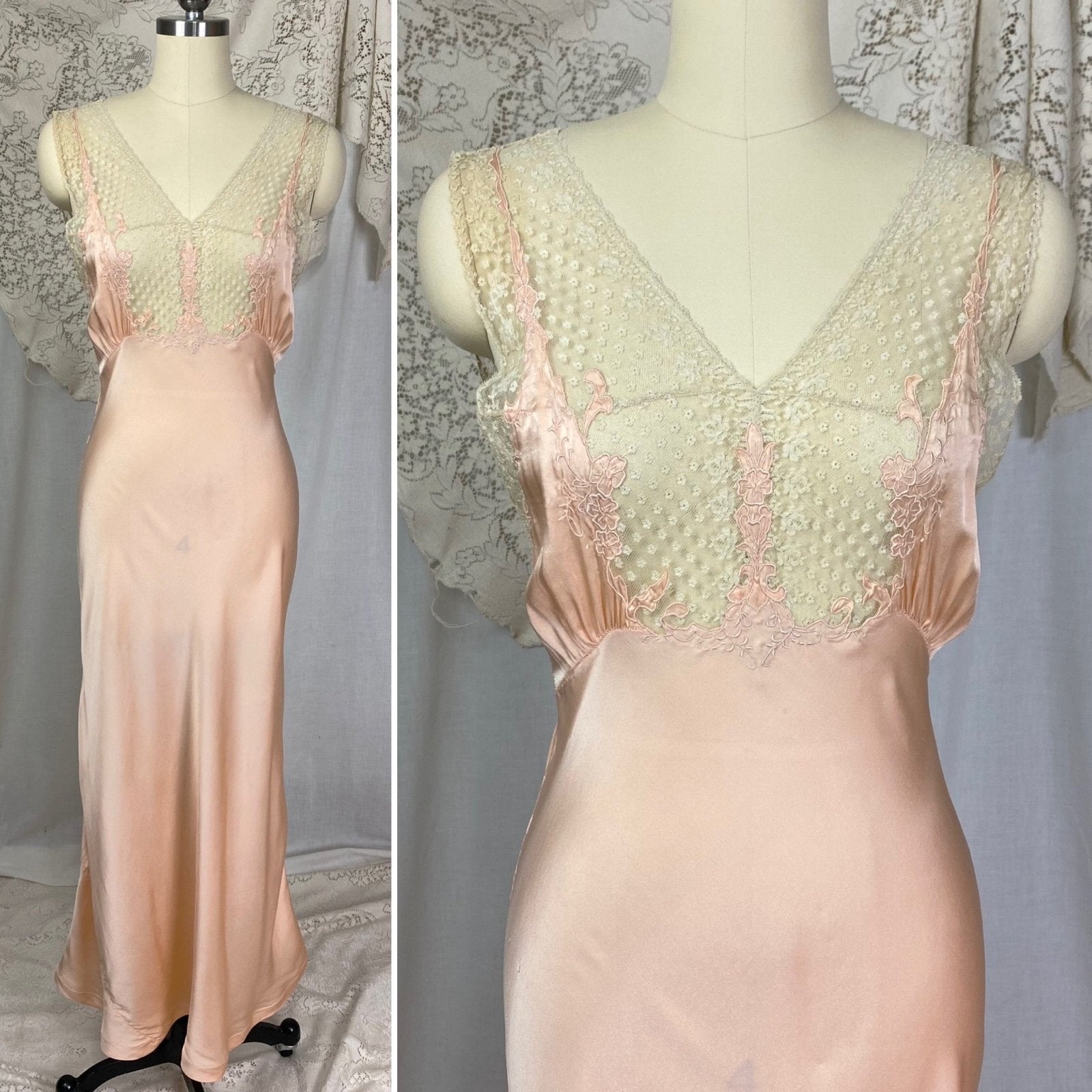 Vintage 1930's Nightgown | Rich Blush Pink Silk with Floral Chantilly Lace & Embroidery | Size XS, S | Marshall Field's and Company - Daggers & Dames