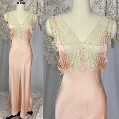 Vintage 1930's Nightgown | Rich Blush Pink Silk with Floral Chantilly Lace & Embroidery | Size XS, S | Marshall Field's and Company - Daggers & Dames