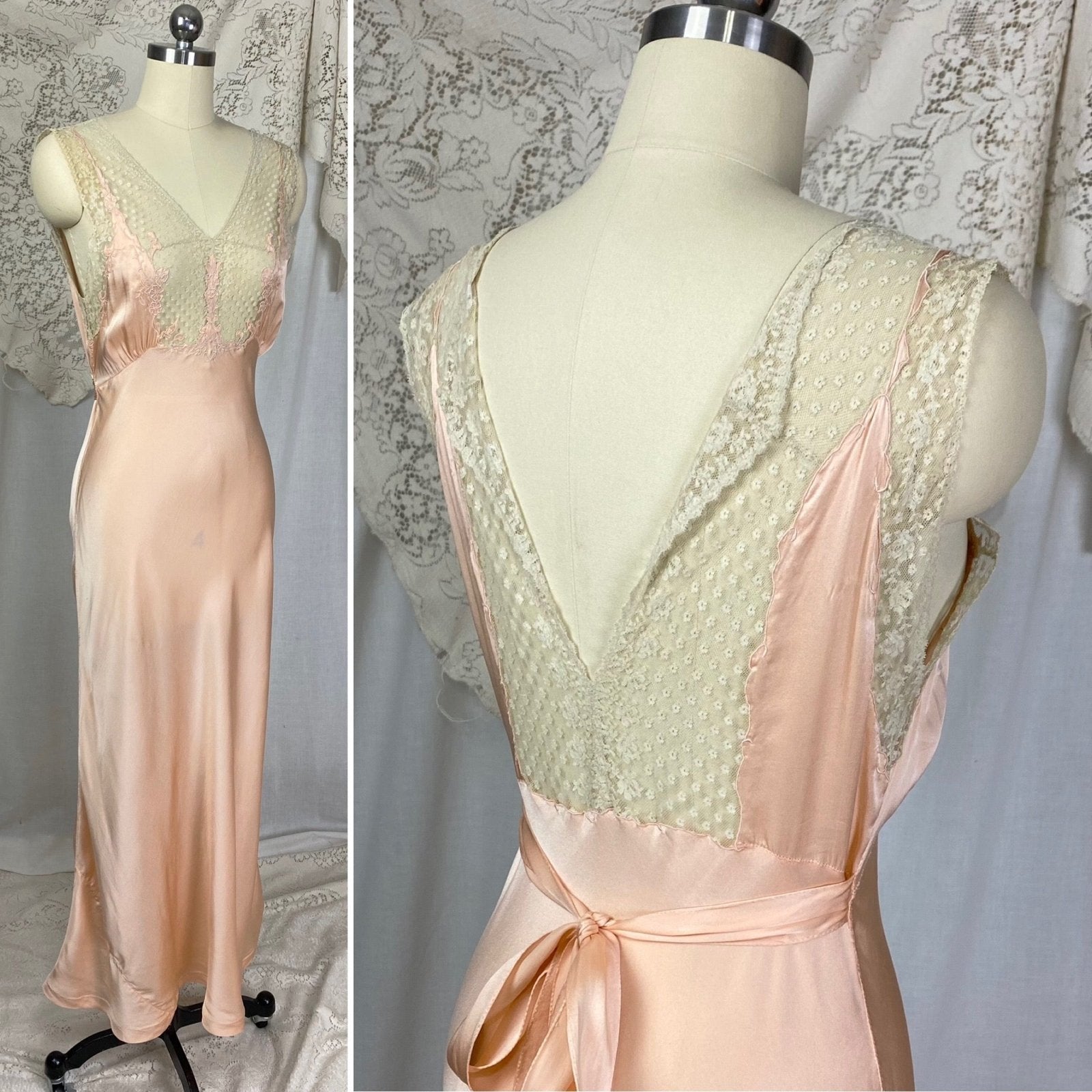 Vintage 1930's Nightgown | Rich Blush Pink Silk with Floral Chantilly Lace & Embroidery | Size XS, S | Marshall Field's and Company - Daggers & Dames