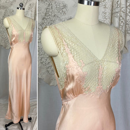 Vintage 1930's Nightgown | Rich Blush Pink Silk with Floral Chantilly Lace & Embroidery | Size XS, S | Marshall Field's and Company - Daggers & Dames