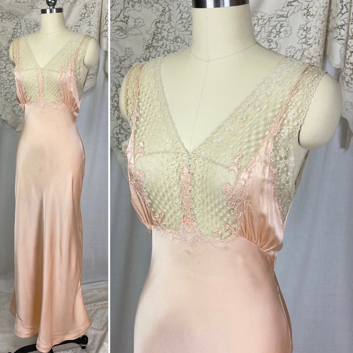 Vintage 1930's Nightgown | Rich Blush Pink Silk with Floral Chantilly Lace & Embroidery | Size XS, S | Marshall Field's and Company - Daggers & Dames