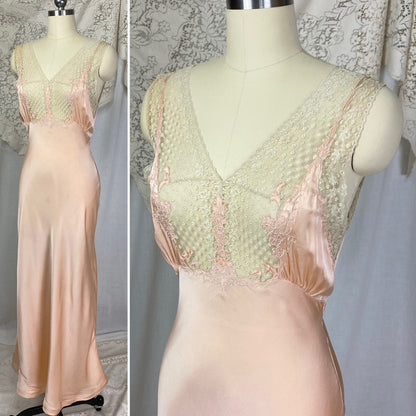 Vintage 1930's Nightgown | Rich Blush Pink Silk with Floral Chantilly Lace & Embroidery | Size XS, S | Marshall Field's and Company - Daggers & Dames