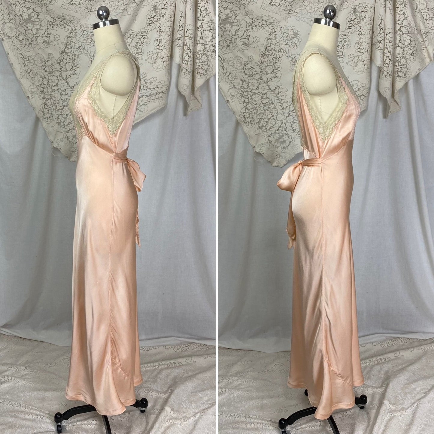 Vintage 1930's Nightgown | Rich Blush Pink Silk with Floral Chantilly Lace & Embroidery | Size XS, S | Marshall Field's and Company - Daggers & Dames