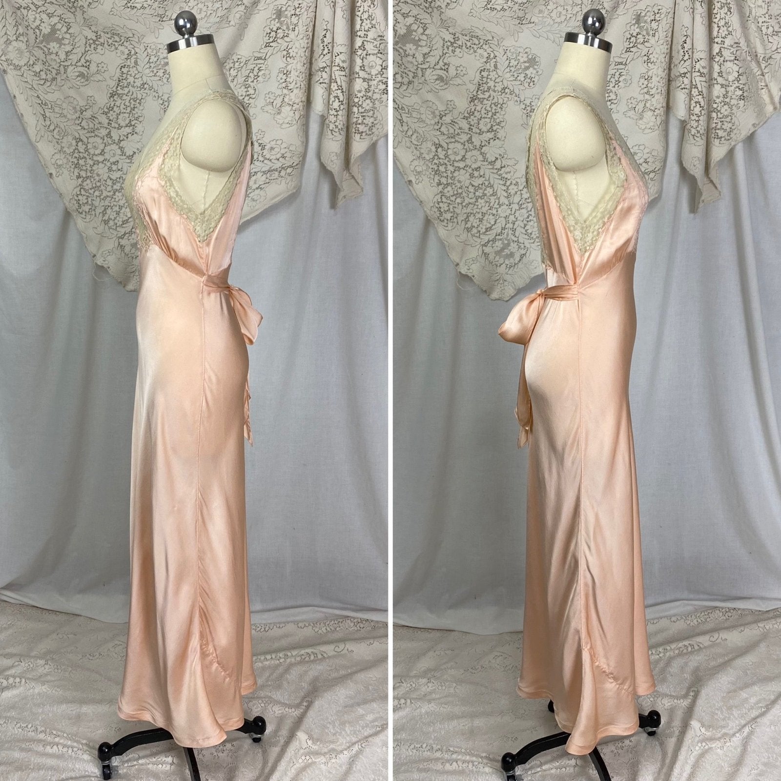 Vintage 1930's Nightgown | Rich Blush Pink Silk with Floral Chantilly Lace & Embroidery | Size XS, S | Marshall Field's and Company - Daggers & Dames