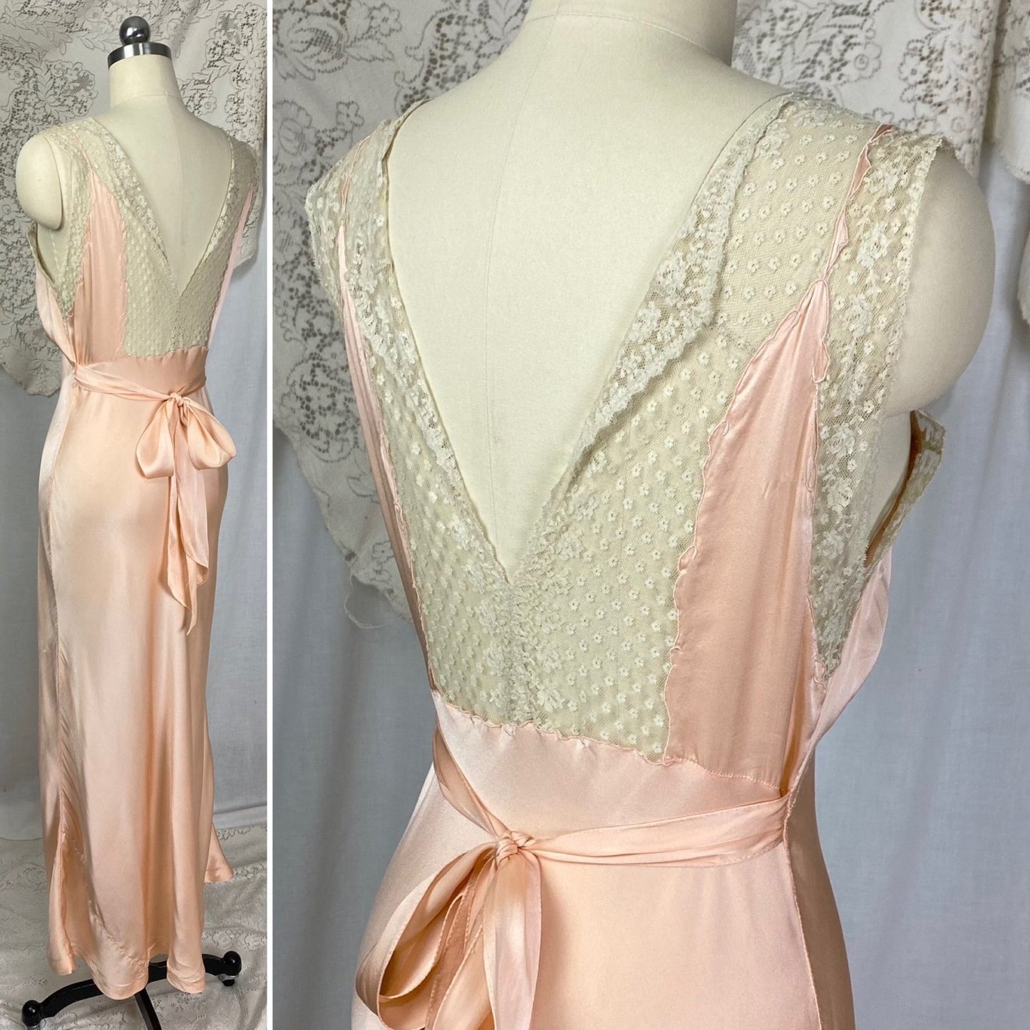 Vintage 1930's Nightgown | Rich Blush Pink Silk with Floral Chantilly Lace & Embroidery | Size XS, S | Marshall Field's and Company - Daggers & Dames