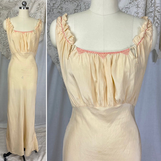 Vintage 1930's Nightgown | Rich Buttercream Silk with Blush Pink & Blue Embroidery | Size S, M - Daggers & Dames