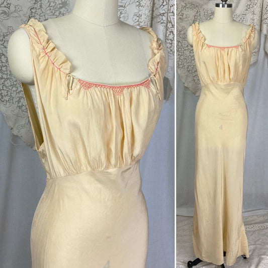 Vintage 1930's Nightgown | Rich Buttercream Silk with Blush Pink & Blue Embroidery | Size S, M - Daggers & Dames