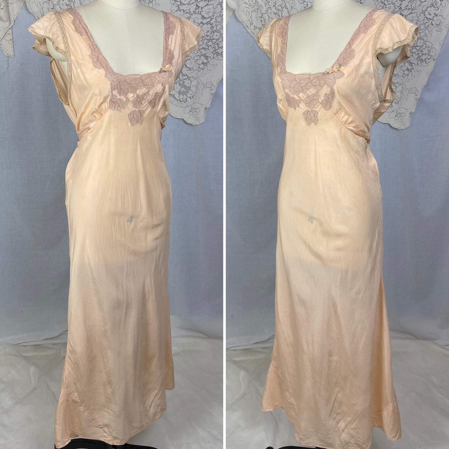 Vintage 1930's Nightgown | Rich Peach Silk with Deep Nude Lace & Silk Rosettes | Size LG | Reliance - Daggers & Dames