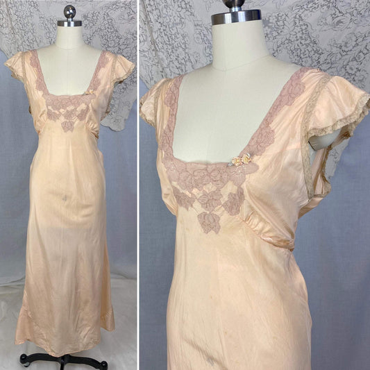 Vintage 1930's Nightgown | Rich Peach Silk with Deep Nude Lace & Silk Rosettes | Size LG | Reliance - Daggers & Dames