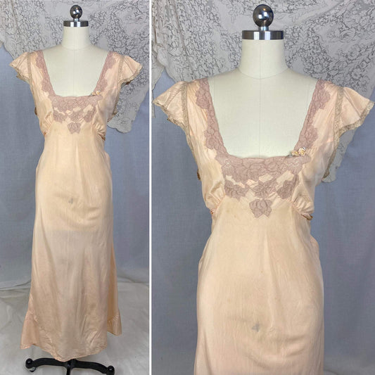 Vintage 1930's Nightgown | Rich Peach Silk with Deep Nude Lace & Silk Rosettes | Size LG | Reliance - Daggers & Dames