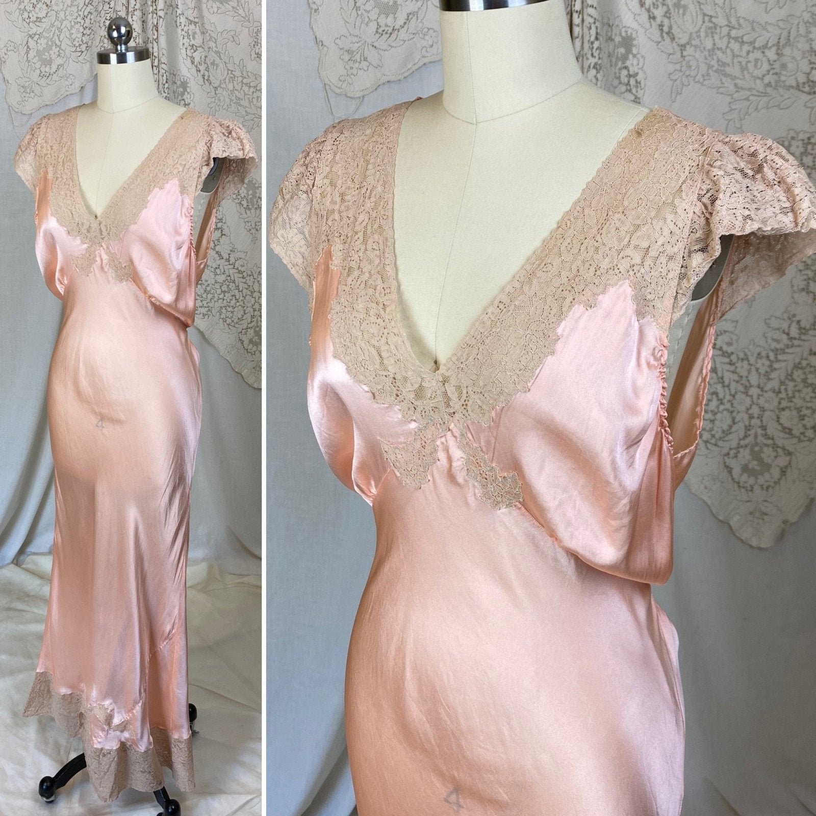 Vintage 1930's Nightgown | Rich Peachy Pink Silk with Nude Floral Lace | Size M | A 'Ful-Fashiond' Product - Daggers & Dames