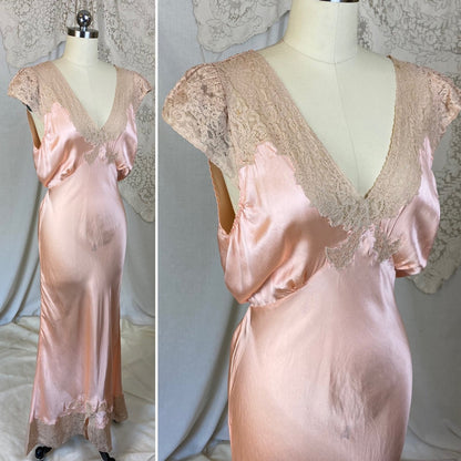 Vintage 1930's Nightgown | Rich Peachy Pink Silk with Nude Floral Lace | Size M | A 'Ful-Fashiond' Product - Daggers & Dames