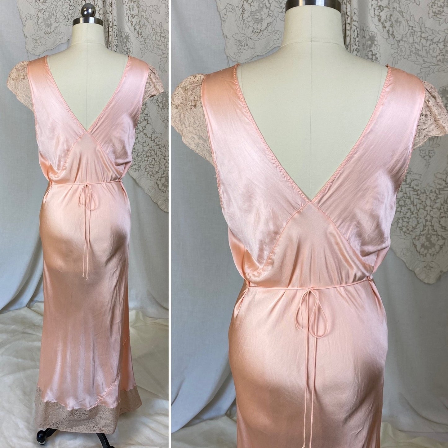 Vintage 1930's Nightgown | Rich Peachy Pink Silk with Nude Floral Lace | Size M | A 'Ful-Fashiond' Product - Daggers & Dames