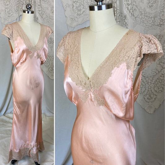 Vintage 1930's Nightgown | Rich Peachy Pink Silk with Nude Floral Lace | Size M | A 'Ful-Fashiond' Product - Daggers & Dames