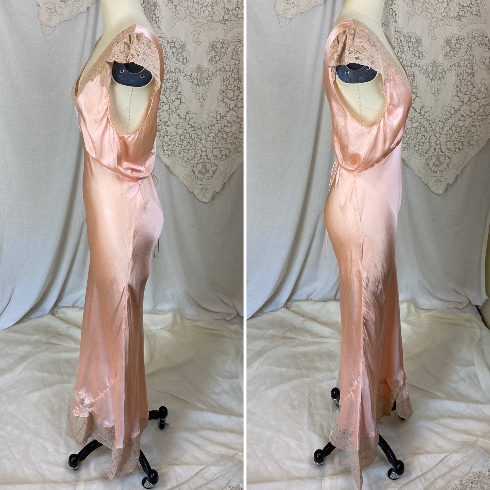 Vintage 1930's Nightgown | Rich Peachy Pink Silk with Nude Floral Lace | Size M | A 'Ful-Fashiond' Product - Daggers & Dames