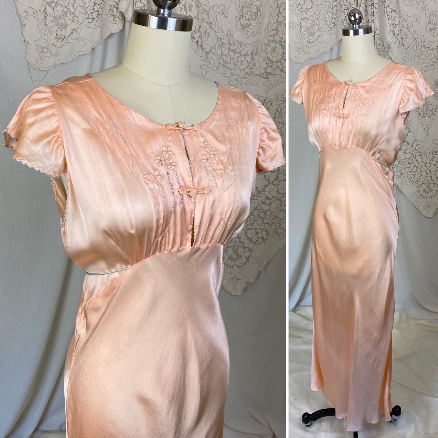 Vintage 1930's Nightgown | Rose Gold Peach Silk with Sky Blue Edging & Trapunto Floral Embroidery | Size S, M - Daggers & Dames