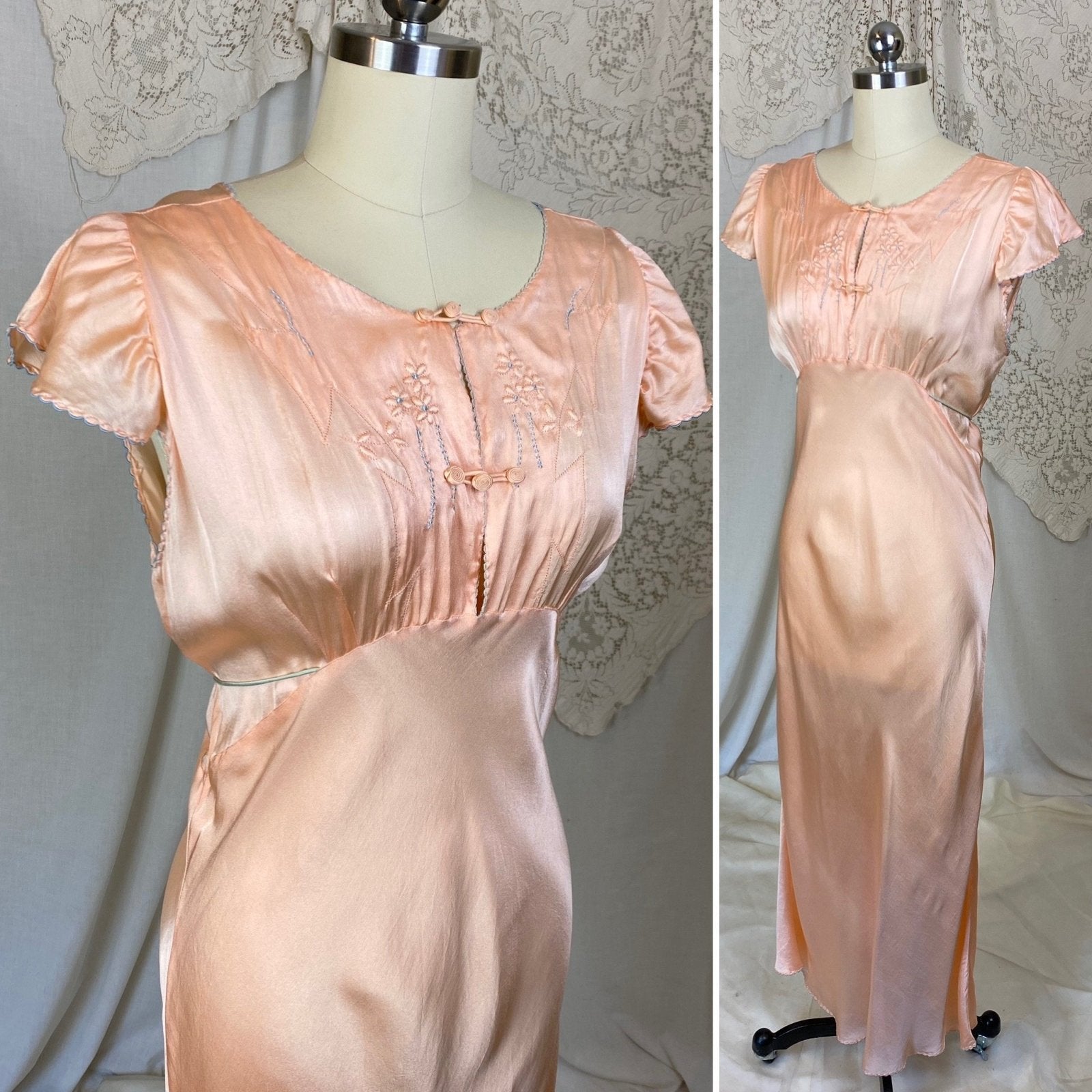 Vintage 1930's Nightgown | Rose Gold Peach Silk with Sky Blue Edging & Trapunto Floral Embroidery | Size S, M - Daggers & Dames