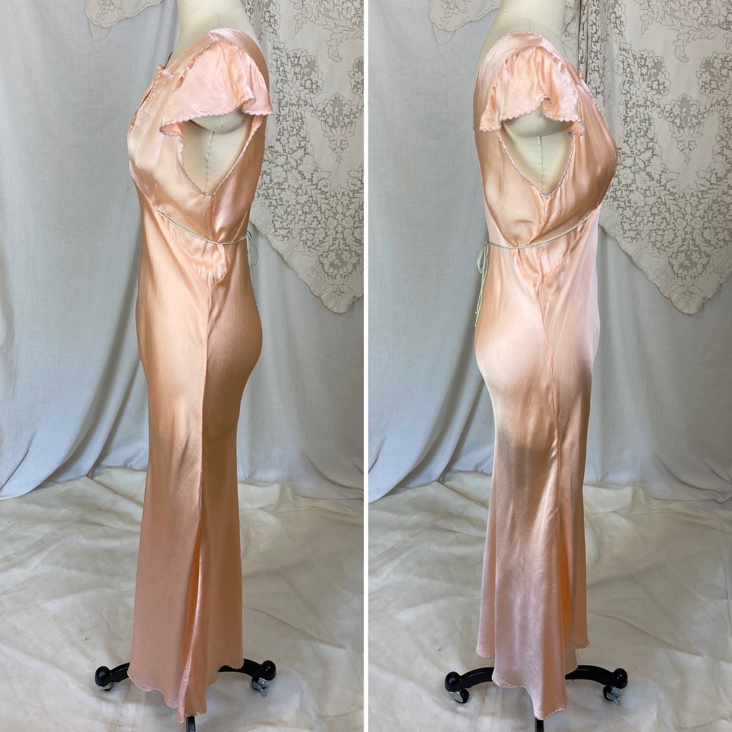 Vintage 1930's Nightgown | Rose Gold Peach Silk with Sky Blue Edging & Trapunto Floral Embroidery | Size S, M - Daggers & Dames