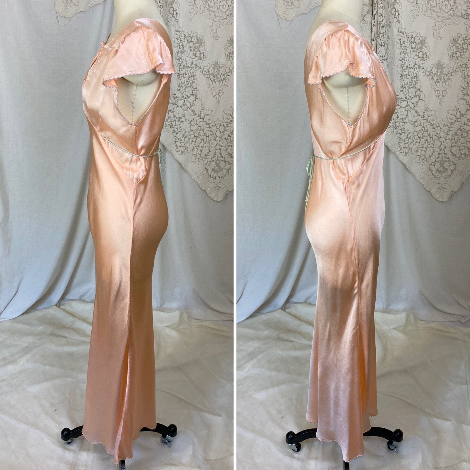 Vintage 1930's Nightgown | Rose Gold Peach Silk with Sky Blue Edging & Trapunto Floral Embroidery | Size S, M - Daggers & Dames